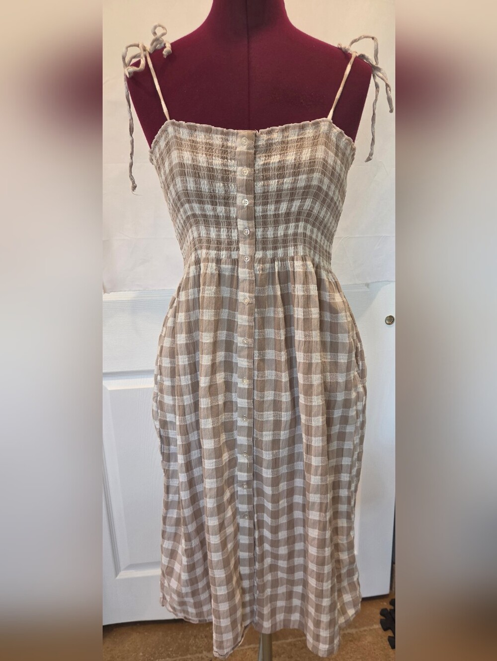 Aerie Sable and White Gingham Dress XS Smocked Fall Farmhouse